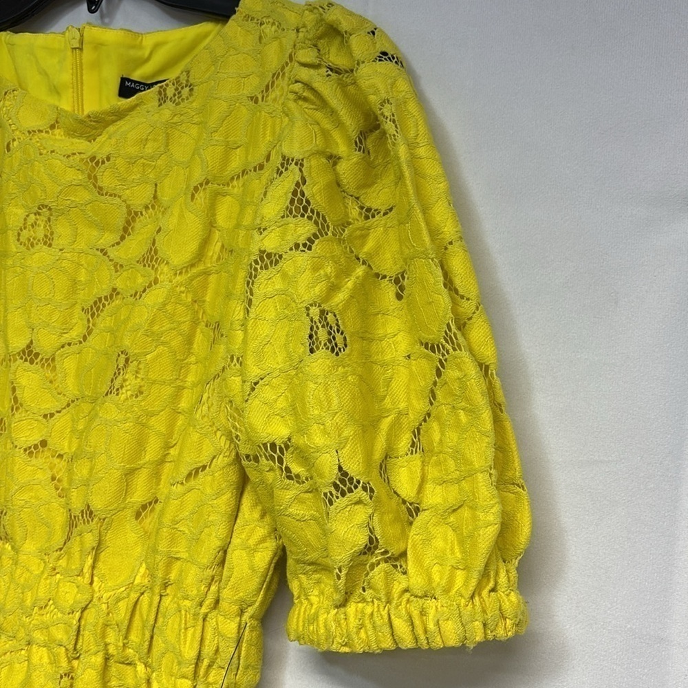 Maggy London Cotton Blend Buttercup Yellow Eyelet Lace Puff Short Sleeve Dress — image 5 of 8